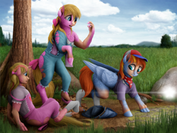 Size: 1000x750 | Tagged: safe, artist:geoffrey mcdermott, character:danny williams, character:megan williams, character:molly williams, species:earth pony, species:pegasus, species:pony, species:unicorn, g1, clothing, human to pony, lens flare, torn clothes, transformation