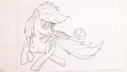 Size: 4128x2322 | Tagged: safe, artist:arediejie, character:rainbow dash, species:pony, ball, cute, female, flying, kicking, solo, traditional art, wings