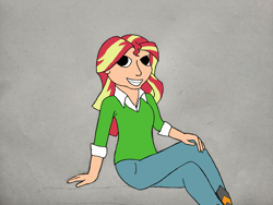Size: 4160x3120 | Tagged: safe, artist:jesterofdestiny, derpibooru original, character:sunset shimmer, species:human, my little pony:equestria girls, alternate costumes, clothing, digitally colored, dress shirt, female, jeans, looking at you, pants, shirt, sitting, smiling, solo, sweater, traditional art