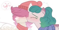 Size: 1301x676 | Tagged: safe, artist:harusocoma, base used, oc, oc only, species:earth pony, species:pony, clothing, female, kissing, male, mare, oc x oc, scarf, shipping, snow cap, stallion, straight