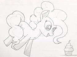 Size: 2928x2167 | Tagged: safe, artist:arediejie, character:pinkie pie, species:earth pony, species:pony, cupcake, female, food, jumping, solo, traditional art