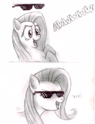 Size: 3930x5124 | Tagged: safe, artist:turbosolid, character:fluttershy, species:pegasus, species:pony, deal with it, eyes closed, female, flutteryay, mare, meme, sunglasses, traditional art, yay