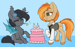 Size: 1384x861 | Tagged: safe, artist:sickly-sour, oc, oc only, oc:parlay, oc:seachell, species:bat pony, species:earth pony, species:pony, bat pony oc, birthday, birthday cake, cake, celebration, chest fluff, clothing, female, flower, flower in hair, food, freckles, mare, necktie, party horn, unshorn fetlocks, vest