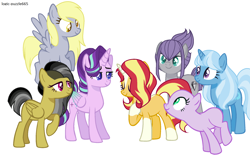 Size: 2056x1344 | Tagged: safe, artist:the-75th-hunger-game, character:daring do, character:derpy hooves, character:maud pie, character:starlight glimmer, character:sunset shimmer, character:trixie, species:alicorn, species:earth pony, species:pegasus, species:pony, species:unicorn, alicornified, alternate hairstyle, alternate universe, blaze (coat marking), colored wings, colored wingtips, female, mare, race swap, simple background, socks (coat marking), starlicorn, white background, wip, xk-class end-of-the-world scenario