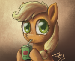 Size: 1841x1503 | Tagged: safe, artist:turbosolid, character:applejack, cute, female, filly, filly applejack, freckles, jackabetes, juice box, solo, younger