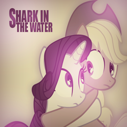Size: 500x500 | Tagged: safe, artist:sweetleafx, character:applejack, character:rarity, ship:rarijack, clinging, female, lesbian, shark in the water, shipping, song reference, vvbrown
