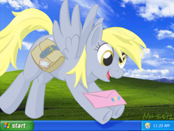 Size: 640x480 | Tagged: safe, artist:im not sue, character:derpy hooves, species:pegasus, species:pony, bliss wallpaper, female, letter, love letter, mailbag, saddle bag, smiling, solo, windows, windows xp
