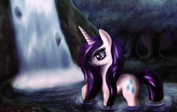 Size: 900x570 | Tagged: safe, artist:macalaniaa, character:rarity, female, solo, waterfall, wet, wet mane, wet mane rarity