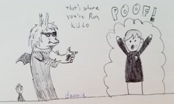 Size: 1280x768 | Tagged: safe, artist:dzamie, character:discord, oc:eris, harry potter, meme, potter puppet pals, pun, puppet, ron weasley, rule 63, traditional art, transformation