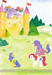 Size: 900x1295 | Tagged: safe, artist:z1ar0, character:bubbles (g1), character:buttons (g1), g1, bow, castle, cherry treats, flying, golden castle, tail bow, tickle (g1), traditional art, watercolor painting