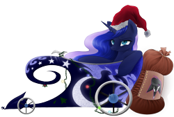 Size: 1569x1061 | Tagged: safe, artist:rouletteobsidian, character:princess luna, christmas, christmas lights, clothing, hat, santa hat, sleigh