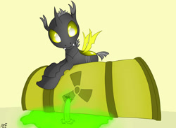 Size: 1024x748 | Tagged: safe, artist:atomfliege, oc, oc:warplix, species:changeling, barrel, changeling oc, lying down, male, radiation, radiation sign, radioactive, radioactive waste, simple background, solo, yellow changeling