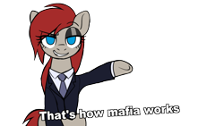Size: 1192x671 | Tagged: safe, artist:sickly-sour, oc, oc only, oc:ponepony, species:earth pony, species:pony, clothing, exploitable meme, eyeshadow, female, mafia city, makeup, meme, no pupils, suit, that's how mafia works