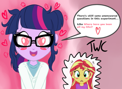 Size: 1195x875 | Tagged: safe, artist:tellywebcartoons, character:sunset shimmer, character:twilight sparkle, character:twilight sparkle (scitwi), species:eqg human, ship:scitwishimmer, ship:sunsetsparkle, my little pony:equestria girls, 30 minute art challenge, blush sticker, blushing, female, heart eyes, lesbian, love spell, shipping, want it need it, wingding eyes
