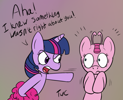 Size: 1525x1245 | Tagged: safe, artist:tellywebcartoons, character:pinkie pie, character:twilight sparkle, character:twilight sparkle (unicorn), species:earth pony, species:pony, species:unicorn, 30 minute art challenge, alien, antennae, disguise, speech, wig