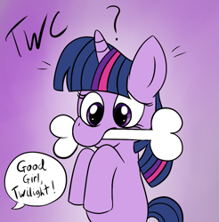 Size: 1077x1093 | Tagged: safe, artist:tellywebcartoons, character:twilight sparkle, character:twilight sparkle (unicorn), species:pony, species:unicorn, 30 minute art challenge, behaving like a dog, bone, confusion, good girl, gradient background, mouth hold, question mark, speech