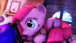 Size: 3840x2159 | Tagged: safe, artist:selestlight, character:pinkamena diane pie, character:pinkie pie, species:pony, 3d, drawing, female, mare, mouth hold, solo, source filmmaker, stylus, tablet, teddy bear, window