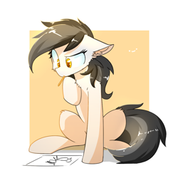 Size: 1000x1000 | Tagged: safe, artist:morningbullet, oc, oc only, oc:noot, species:earth pony, species:pony, drawing, female, floppy ears, mare, mouth hold, pencil, sitting, solo