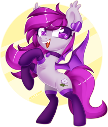 Size: 1664x1949 | Tagged: safe, artist:sickly-sour, oc, oc only, oc:violet moonflower, species:bat pony, species:pony, bat pony oc, choker, clothing, fangs, flower, jewelry, necklace, pink eyes, pink hair, pink mane, rearing, simple background, smiling, socks, solo, transparent background