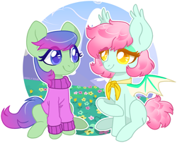 Size: 1949x1580 | Tagged: safe, artist:sickly-sour, oc, oc only, oc:sweet pea, species:bat pony, species:earth pony, species:pony, bat wings, clothing, looking at each other, pink mane, purple eyes, purple mane, raised hoof, short tail, sitting, sweater, wings, yellow eyes