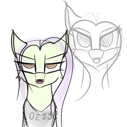 Size: 1000x1000 | Tagged: safe, artist:lamb, oc, oc only, oc:spooky treats, species:bat pony, species:pony, annoyed look, bandana, bust, clothing, fangs, female, fluffy, lidded eyes, mare, no pupils, open mouth, pointed ears, simple background, sketch, solo, text, white background, wide eyes