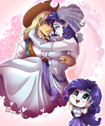 Size: 1000x1191 | Tagged: safe, artist:tatara94, character:applejack, character:rarity, species:human, ship:rarijack, my little pony:equestria girls, blushing, bride, carrying, clothing, cute, daydream, dress, female, humanized, jackabetes, lesbian, looking at each other, raribetes, shipping, wedding dress