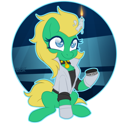 Size: 1000x1000 | Tagged: safe, artist:sickly-sour, oc, oc only, oc:professor sugarcube, species:earth pony, species:pony, blonde, blue eyes, candle, clothing, collar, commission, fire, gloves, lab coat, scientist, sitting, smiling, solo, wax