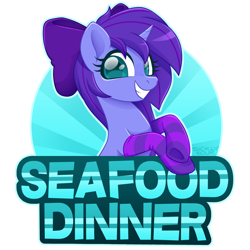 Size: 1000x1000 | Tagged: safe, artist:sickly-sour, oc, oc only, oc:seafood dinner, species:pony, species:unicorn, blue eyes, bow, clothing, commission, grin, hair bow, purple mane, smiling, socks, solo, striped socks