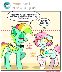Size: 1000x1158 | Tagged: safe, artist:sickly-sour, oc, oc:kokomo, oc:sweet pea, species:bat pony, species:pony, ask, bow tie, clothing, comic panel, comic strip, dialogue, ear piercing, earring, fangs, height difference, jewelry, piercing, pink mane, short, socks, speech bubble, tall, tumblr