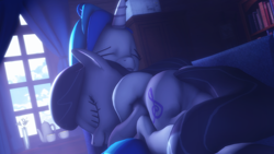 Size: 3840x2160 | Tagged: safe, artist:selestlight, character:dj pon-3, character:octavia melody, character:vinyl scratch, species:earth pony, species:pony, species:unicorn, ship:scratchtavia, 3d, cuddling, eyes closed, female, lesbian, mare, shipping, sleeping, snuggling, source filmmaker