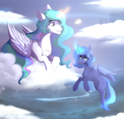 Size: 2760x2640 | Tagged: safe, artist:velirenrey, character:princess celestia, character:princess luna, species:alicorn, species:pony, blank flank, cloud, cute, cutelestia, duo, female, filly, flying, glowing horn, lunabetes, magic, mare, missing accessory, missing cutie mark, river, royal sisters, s1 luna, scenery, siblings, sisters, sky, younger