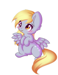 Size: 798x1030 | Tagged: safe, artist:miniaru, character:derpy hooves, species:pegasus, species:pony, blushing, chibi, cute, derpabetes, female, mare, open mouth, simple background, smiling, solo, spread wings, transparent background, wings