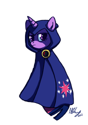 Size: 1748x2480 | Tagged: safe, artist:projectzuel, character:twilight sparkle, character:twilight sparkle (alicorn), species:alicorn, species:pony, species:unicorn, actor allusion, cloak, clothing, crossover, female, mare, raven (teen titans), simple background, sitting, solo, tara strong, teen titans, transparent background, twiraven, voice actor joke