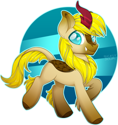 Size: 1369x1456 | Tagged: safe, artist:sickly-sour, oc, oc only, oc:tacopone, species:kirin, species:pony, blonde mane, blue eyes, commission, fangs, hooves, looking at you, raised leg, simple background, smiling, solo, transparent background