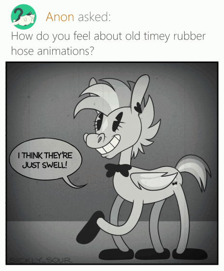 Size: 463x560 | Tagged: safe, artist:sickly-sour, oc, oc only, oc:kokomo, species:bat pony, species:pony, animated, ask, black and white, black and white cartoon, bouncing, bow tie, caption, crossed legs, dialogue, ear piercing, earring, frame by frame, gif, gif with captions, grayscale, jewelry, monochrome, pacman eyes, piercing, rubber hose animation, smiling, solo, speech bubble, tumblr