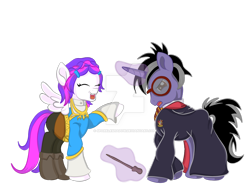 Size: 1024x768 | Tagged: safe, artist:sparkleshadow, oc, ponysona, species:pegasus, species:pony, species:unicorn, clothing, cosplay, costume, duo, female, gryffindor, harry potter, laughing, male, the legend of zelda, the legend of zelda: breath of the wild, wand, watermark