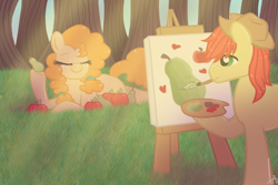 Size: 1000x666 | Tagged: safe, artist:inspiration1413, character:bright mac, character:pear butter, species:pony, episode:the perfect pear, g4, my little pony: friendship is magic, apple, biting pear of salamanca, easel, food, mouth hold, paintbrush, painting, pear, tree