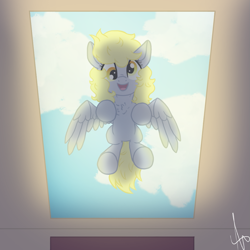 Size: 999x999 | Tagged: safe, artist:inspiration1413, character:derpy hooves, species:pegasus, species:pony, cloud, cute, derpabetes, female, from below, glass, looking at you, mare, skylight, smiling, solo, underhoof, window