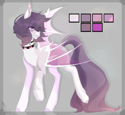 Size: 1024x943 | Tagged: safe, artist:velirenrey, oc, oc only, species:bat pony, species:pony, bat pony oc, collar, eye clipping through hair, hair over one eye, reference sheet, solo