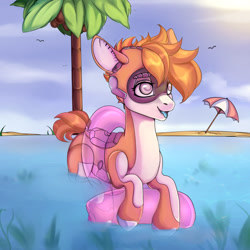 Size: 1024x1024 | Tagged: safe, artist:velirenrey, oc, oc only, oc:kiva, species:pony, beach, beach umbrella, female, inflatable, inner tube, mare, open mouth, palm tree, robot, robot pony, smiling, solo, swimming, tree, water