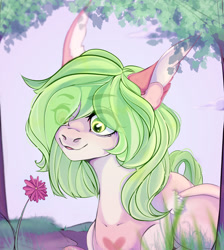 Size: 1024x1145 | Tagged: safe, artist:velirenrey, oc, oc only, species:pegasus, species:pony, eye clipping through hair, female, flower, hair over one eye, mare, smiling, solo