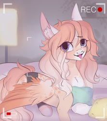 Size: 1024x1152 | Tagged: safe, artist:velirenrey, oc, oc only, species:pegasus, species:pony, camera shot, ear fluff, eye clipping through hair, female, mare, open mouth, pillow, pose, prone, recording, smiling, solo, tongue out, ych result