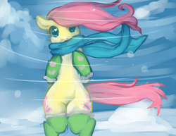 Size: 990x765 | Tagged: safe, artist:gokai-chibi, character:fluttershy, species:pony, bipedal, clothing, cute, female, gloves, mare, scarf, semi-anthro, shyabetes, snow, socks, solo, standing, stockings, thigh highs, wind, windswept mane, winter