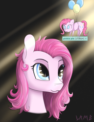 Size: 1928x2508 | Tagged: safe, artist:lamb, character:pinkie pie, species:earth pony, species:pony, derpibooru, balloon, crepuscular rays, female, floating, mare, meta, solo, tags, then watch her balloons lift her up to the sky, tongue out