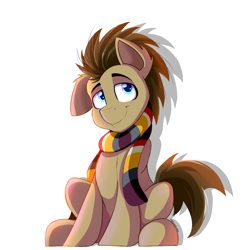 Size: 1996x2041 | Tagged: safe, artist:tehshockwave, character:doctor whooves, character:time turner, species:earth pony, species:pony, clothing, cute, doctorbetes, floppy ears, fourth doctor's scarf, male, scarf, simple background, sitting, smug, solo, stallion, white background