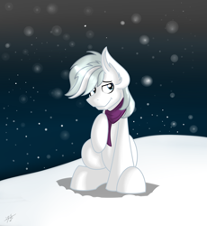 Size: 2173x2365 | Tagged: safe, artist:tehshockwave, character:double diamond, species:pony, clothing, cute, double dawwmond, ear fluff, male, scarf, snow, snowfall, solo, stallion, winter