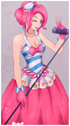 Size: 512x921 | Tagged: safe, artist:songoftheshoebox, character:pinkie pie, species:human, breasts, cleavage, clothing, dress, female, gala dress, gloves, hat, humanized, microphone, simple background, smiling, solo, wink