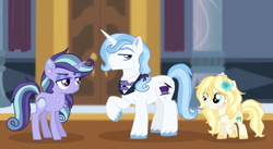 Size: 1700x933 | Tagged: safe, artist:starshinecelestalis, artist:unoriginai, oc, oc only, oc:magic act, oc:moonlit gleam, oc:platinum rose, parent:coco pommel, parent:prince blueblood, parent:starlight glimmer, parent:trixie, parents:bluetrix, parents:startrix, species:earth pony, species:pony, species:unicorn, cute, door, female, filly, flower, flower in hair, magical lesbian spawn, male, mare, next generation, offspring, parents:bluepommel, parents:cocoblood, stallion, story included, teenager