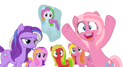 Size: 2804x1532 | Tagged: safe, artist:sinalaa, artist:toybonnie54320, character:applejack, character:fluttershy, character:fluttershy (g3), character:pinkie pie, character:pinkie pie (g3), character:rainbow dash, character:rainbow dash (g3), character:rarity, character:rarity (g3), species:earth pony, species:pegasus, species:pony, species:unicorn, g3, applejack (g3), fluttershy (g3), g3 to g4, generation leap, glowing horn, twilight twinkle