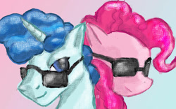 Size: 1023x640 | Tagged: safe, artist:billyggruff, character:party favor, character:pinkie pie, species:pony, ship:partypie, female, glasses, male, shipping, straight, sunglasses